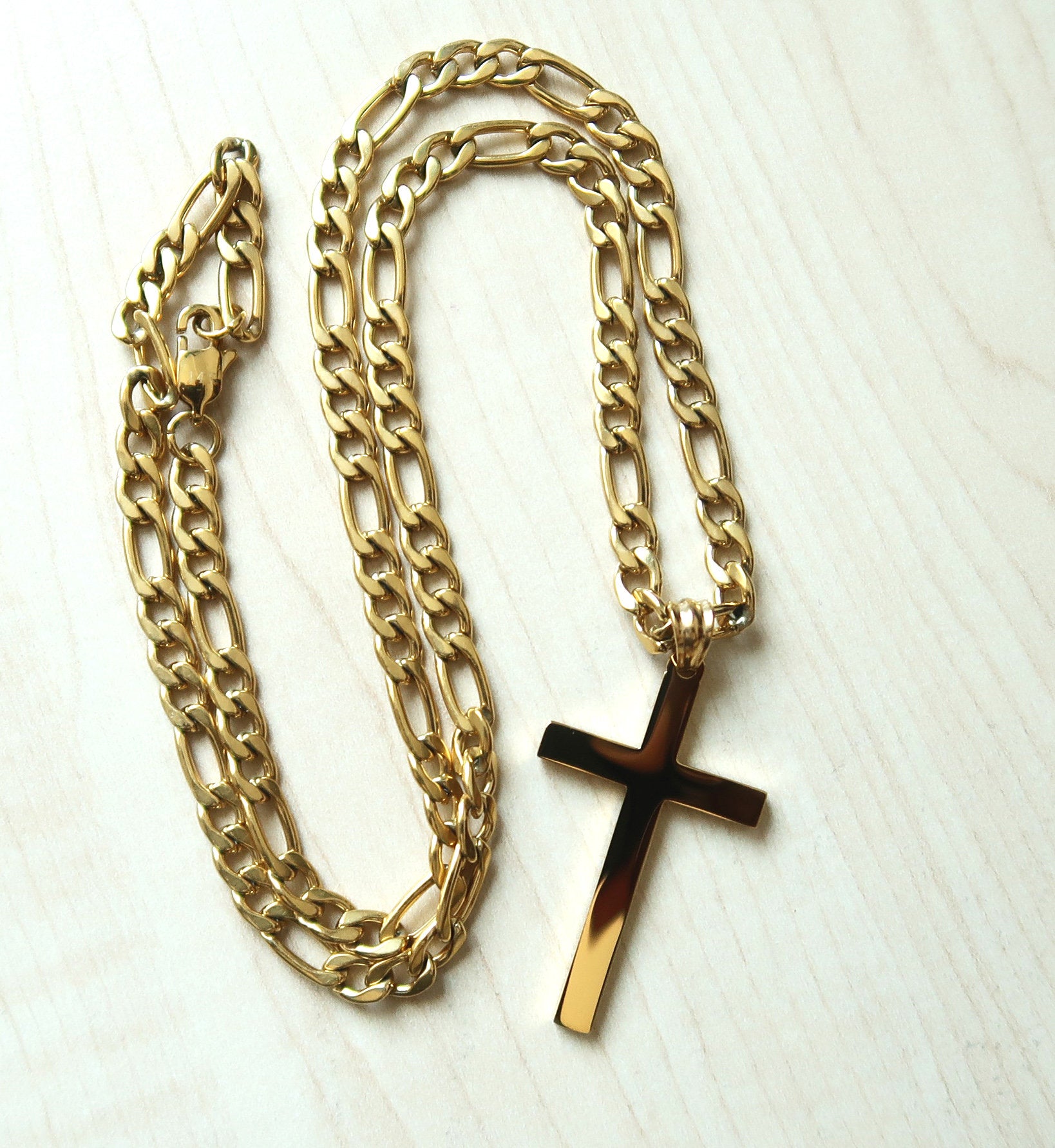 ADORATO JEWELRY- 14k Figaro Gold Cross Necklace For Men Women / Diamond-cut  Cross pendant / Religious Cuban link necklace / Perfect Gift / Statement